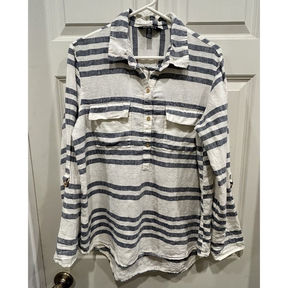 Ellen Tracy Womens Large 100% Linen Striped Roll Tab‎ Sleeve Henley Top Coastal